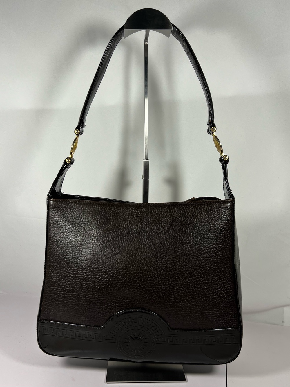 3090: Versace Medusa Brown Leather Patent Trim Shoulder Bag